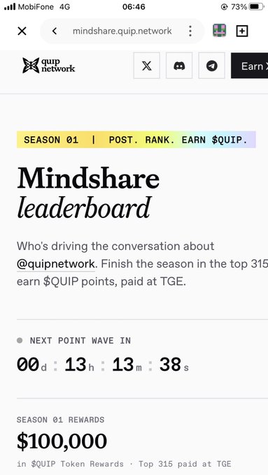 A mobile browser screenshot of the Quip Network 'Mindshare leaderboard' page, showing Season 01 rewards of $100,000 in $QUIP tokens paid at TGE.