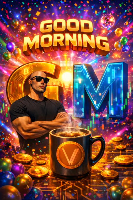 A vibrant 'GOOD MORNING' graphic featuring a muscular man in sunglasses, a steaming coffee mug with a 'V' logo, and large 'GM' letters in a colorful, confetti-filled scene.