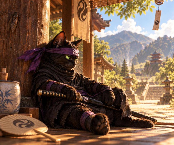 A black cat dressed as a ninja with a purple headband and a katana sits on a wooden porch, with a traditional Asian village and mountains in the background.