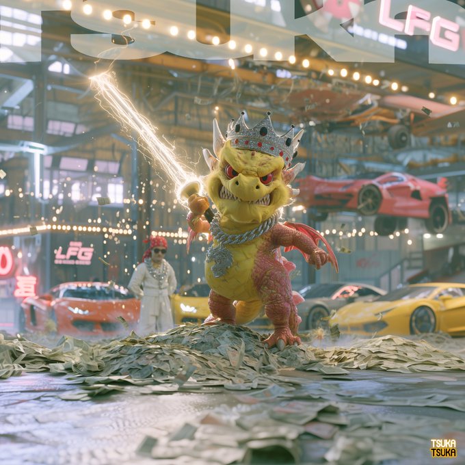 A 3D-rendered, stylized character resembling a reptilian creature wearing a crown and gold chains stands on a pile of money with sports cars in the background, with text reading 'TSUKA TSUKA' in the corner.