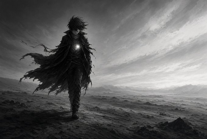 A black and white illustration of a lone figure in a tattered cloak walking through a barren landscape under a dramatic, overcast sky.