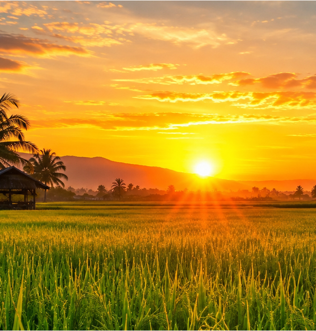 A scenic view of a sunset over a vibrant green rice field with palm trees and a small hut silhouetted against the orange sky.