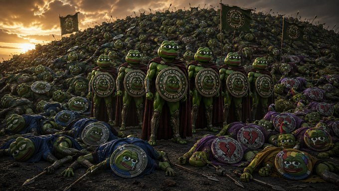 An AI-generated parody image depicting Pepe the Frog characters dressed as Spartan warriors with shields, shields, and spears arranged in a battle formation at sunset.