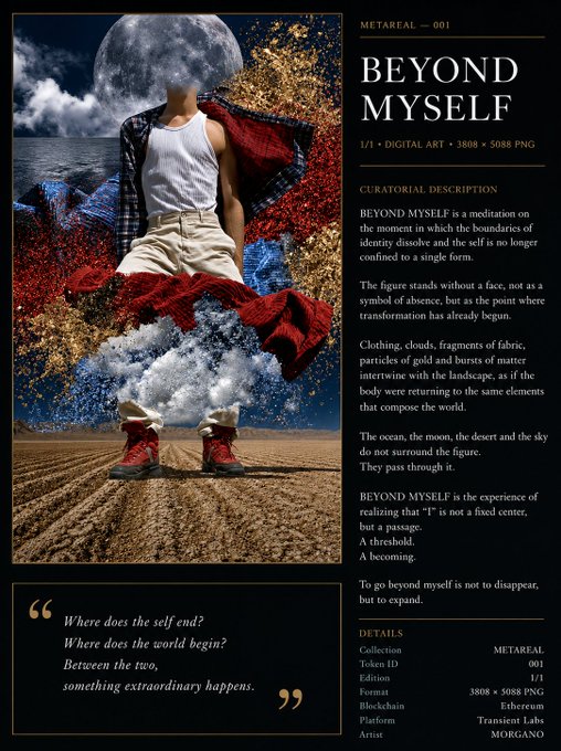 A digital art poster titled "BEYOND MYSELF" from the METAREAL collection (1/1 edition), featuring a surreal faceless figure with a moon for a head standing in a desert landscape, accompanied by curatorial description and the quote "Where does the self end? Where does the world begin? Between the two, something extraordinary happens."