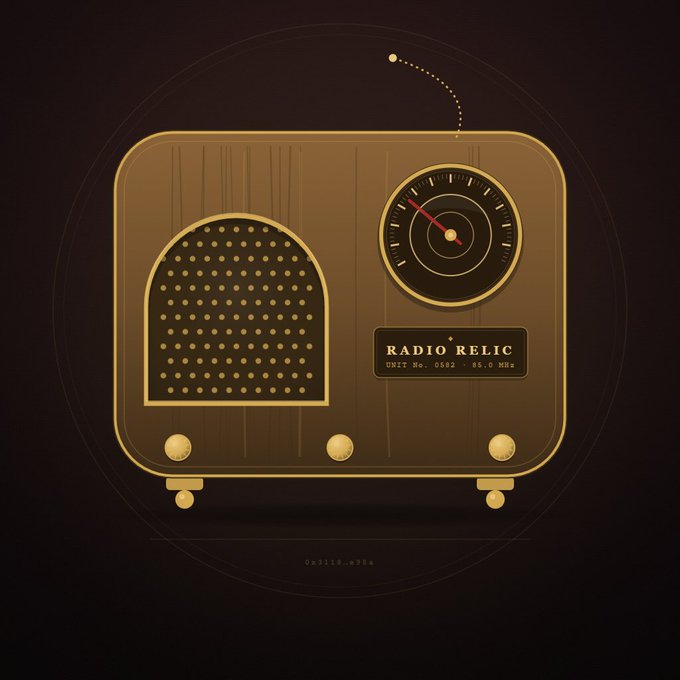 A vintage-style brown radio illustration labeled "RADIO RELIC" with "UNIT No. 0582" and "85.0 MHz" displayed on its nameplate, featuring a glowing red tuning dial and a dotted antenna signal arc — representing the user's unique generative NFT relic tied to their EVM address on radiorelic.fun.