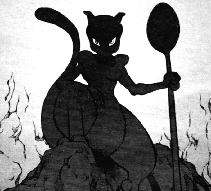 A black silhouette illustration of a cat-like humanoid figure with a long tail, holding a large spoon and standing among barren, root-like structures.