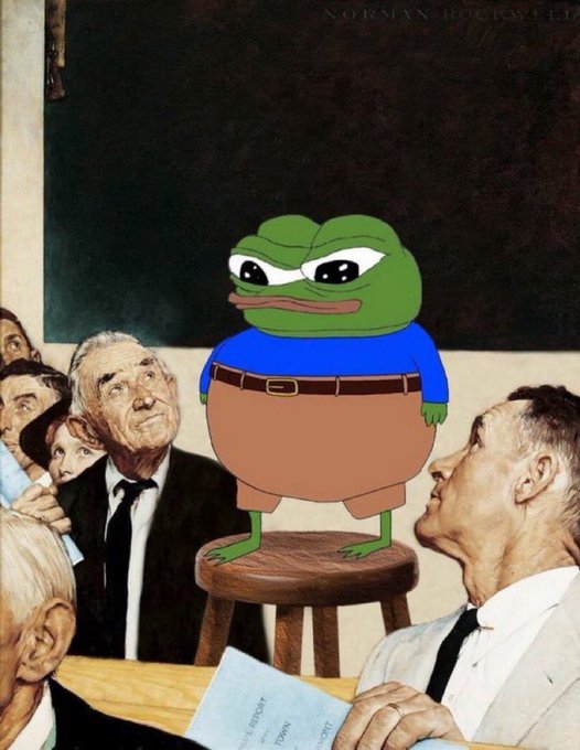The famous Norman Rockwell 'Freedom from Want' painting edited to replace the turkey with a Pepe the Frog character wearing a blue shirt and brown pants, standing on a wooden stool.
