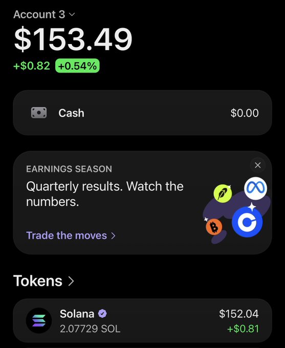 A mobile crypto portfolio app screenshot showing "Account 3" with a total balance of $153.49 (+$0.82, +0.54%), holding 2.07729 SOL valued at $152.04 (+$0.81), with $0.00 cash—visually demonstrating a Solana holding in response to the post's request for wallet addresses.