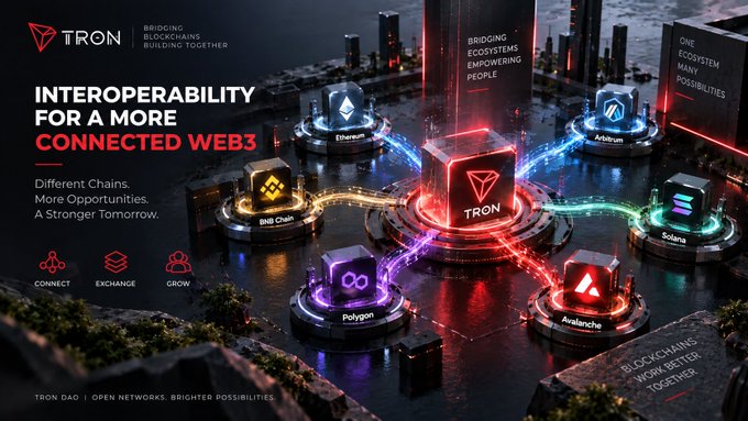 A promotional graphic for TRON DAO showcases blockchain interoperability, featuring the TRON logo at the center connected to multiple blockchain networks including Ethereum, Arbitrum, BNB Chain, Polygon, Solana, and Avalanche, with the headline "INTEROPERABILITY FOR A MORE CONNECTED WEB3" and tagline "Different Chains. More Opportunities. A Stronger Tomorrow." The image visually reinforces TRON's mission to bridge ecosystems and empower people by depicting these major blockchain platforms as interconnected hubs linked through glowing pathways.