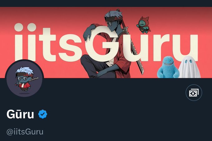 A Twitter/X profile banner for 'Guru' (@iitsGuru) featuring anime-style character art against a red gradient background.