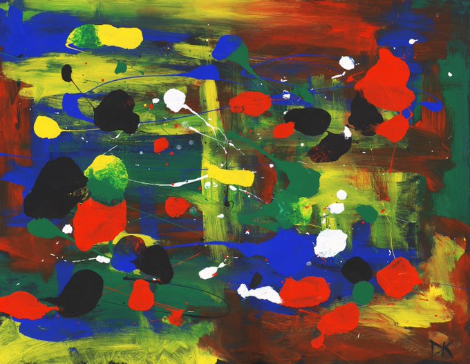 An abstract painting featuring vibrant splashes and splatters of red, blue, yellow, green, black, and white paint with dynamic gestural strokes.