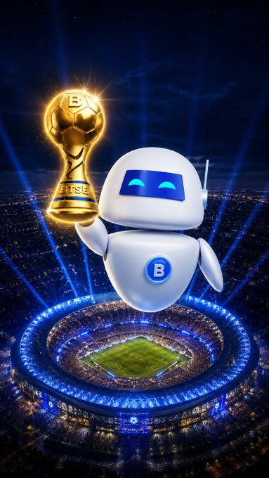 A white robot mascot with blue glowing eyes holds a golden soccer trophy featuring a ball design with the letters 'BTCSE' on it, hovering above an illuminated soccer stadium at night.