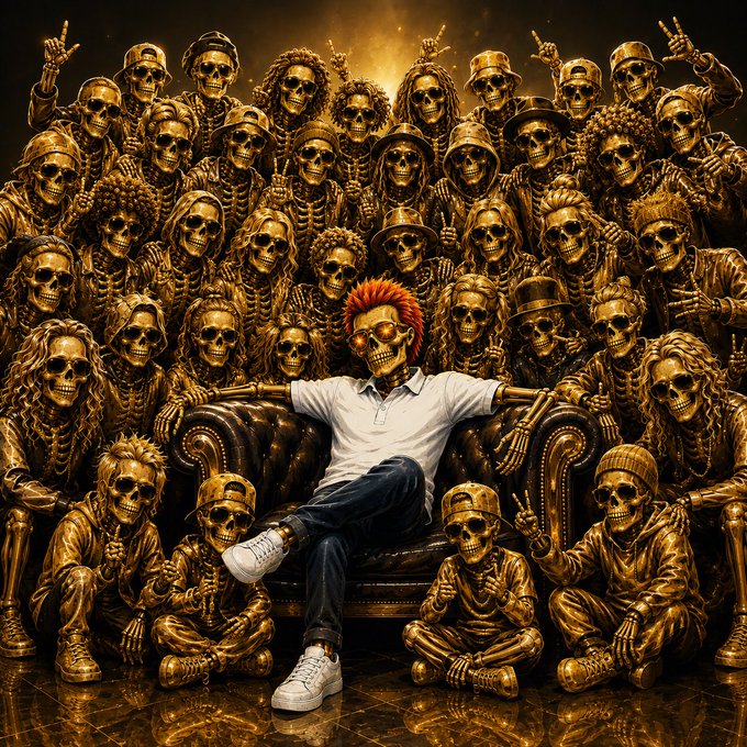 A surreal digital artwork showing a figure with red hair and skull face paint sitting casually on a leather couch, surrounded by an army of golden skeleton figures posing with rock hand gestures.