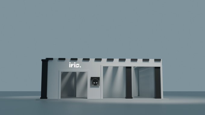 A minimalist 3D render of a modern building facade with a storefront sign reading 'iris.' against a plain gray background.