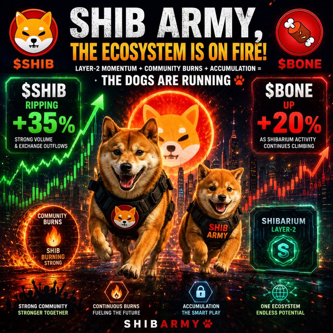 A promotional graphic for 'SHIB ARMY' featuring Shiba Inu dogs in tactical vests, with text claiming '$SHIB RIPPING +35%' and '$BONE UP +20%', alongside Shibarium Layer-2 branding.