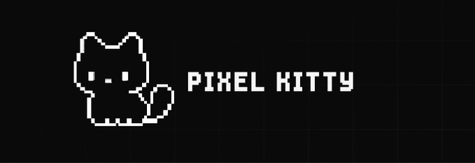 A pixel-art white cat with two small eyes and a curled tail sits beside the text "PIXEL KITTY" on a black background, visually representing the "$PXLKITTY" desktop pet companion that responds to user activity and helps with break reminders.