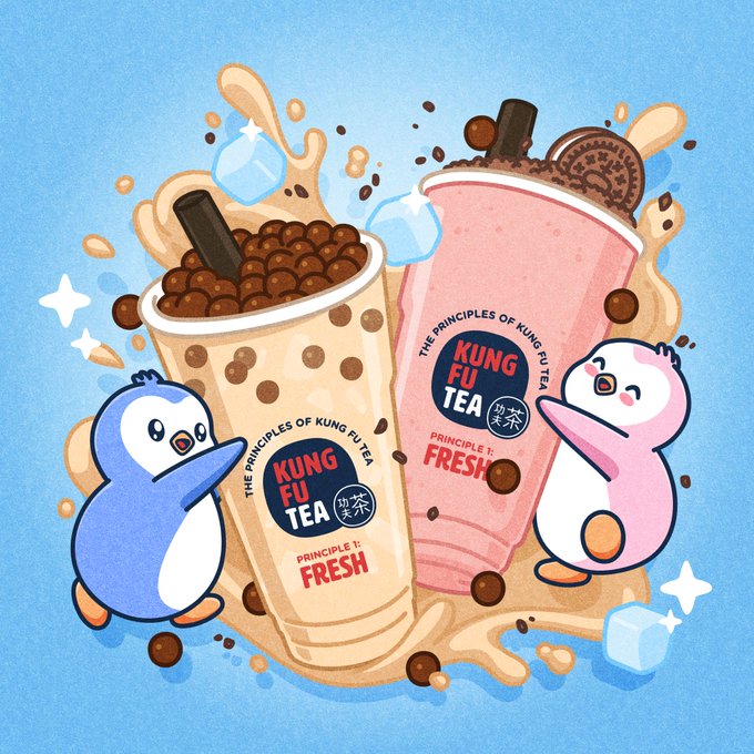 Kung Fu Tea advertisement showing two cups of bubble tea alongside cartoon penguin mascots, with the text 'THE PRINCIPLES OF KUNG FU TEA' and 'PRINCIPLE 1: FRESH'.