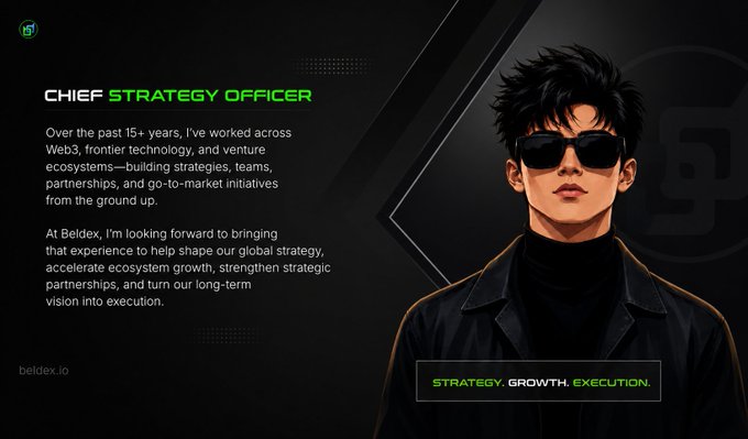 A digital graphic introducing a 'Chief Strategy Officer' at beldex.io, featuring an anime-style male character in sunglasses with text about strategy, growth, and execution.