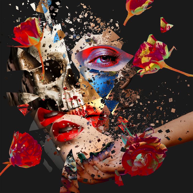 A surreal, fragmented digital collage depicting a woman's face composed of pixelated shards, incorporating red roses, a skull, and colorful eye imagery against a dark background.