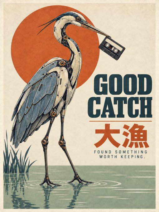 A retro-style poster featuring a robotic heron holding a cassette tape in its beak against a large orange sun, with the text 'GOOD CATCH', '大漁', and 'FOUND SOMETHING WORTH KEEPING.'
