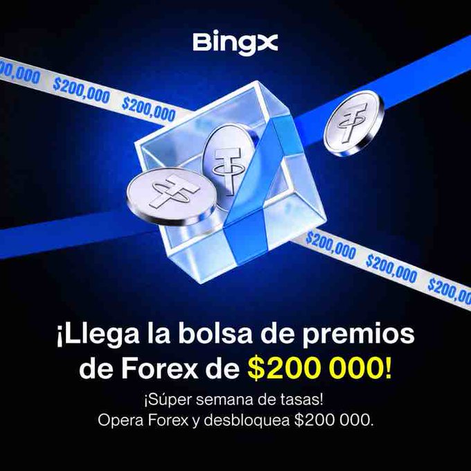 A BingX promotional graphic in Spanish announcing a $200,000 Forex prize pool ('¡Llega la bolsa de premios de Forex de $200 000!'), featuring a blue gift box with crypto-style coins and Tether (USDT) symbols.