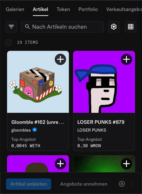 A German-language NFT marketplace interface under the 'Artikel' tab showing 19 items, including 'Gloomble #162' priced at 0.0045 WETH and 'LOSER PUNKS #879' priced at 0.30 WMON.