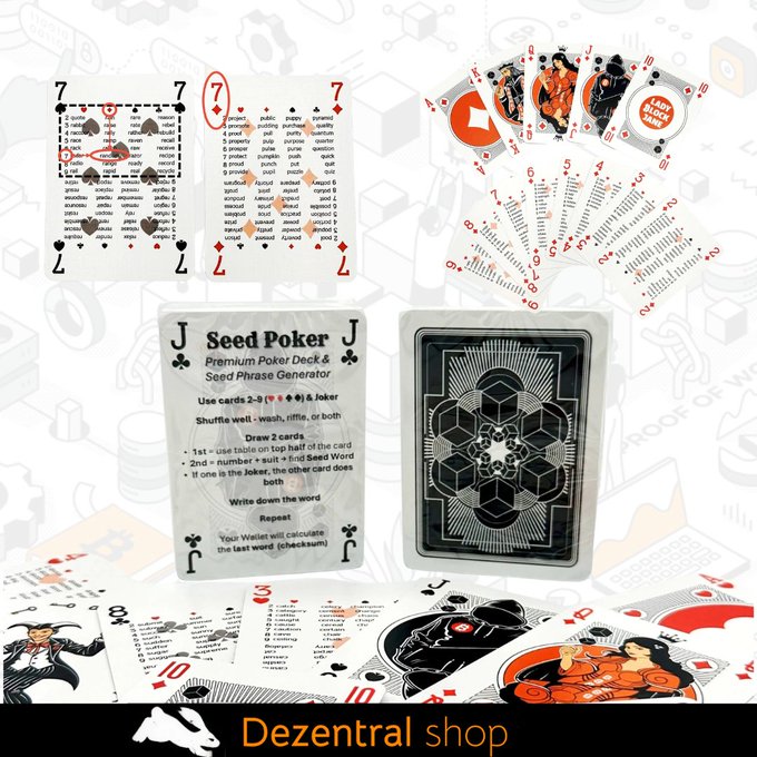 A promotional display for 'Seed Poker' playing cards featuring 'Premium Poker Deck & Seed Phrase Generator' cards, branded with the 'Dezentral shop' logo.