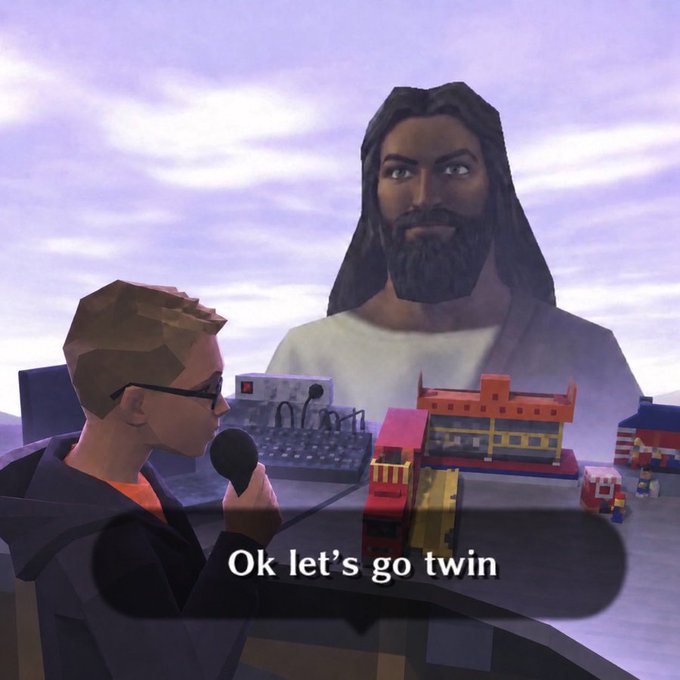 A low-poly 3D render of a news reporter with a microphone interviewing a Jesus figure, with the caption 'Ok let's go twin'.