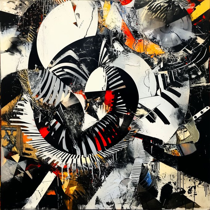 An abstract painting filled with circular shapes resembling piano keys, rendered in black, white, red, and orange colors.