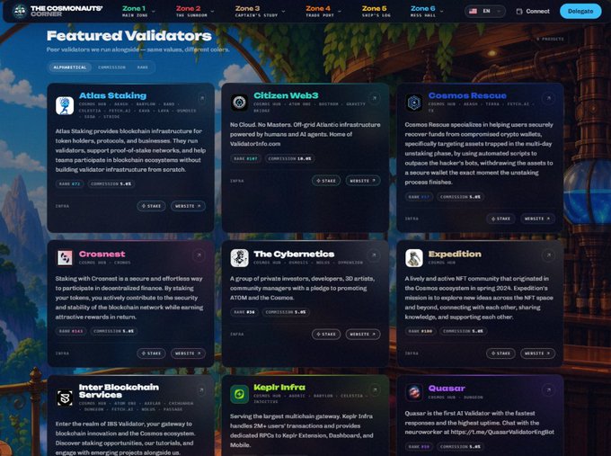 A webpage for 'The Cosmos HUB' displaying 'Featured Validators' including Atlas Staking, Citizen Web3, Cosmos Rescue, Croanest, The Cybernetics, Expedition, Inter Blockchain Services, Keplr Infra, and Quasar.