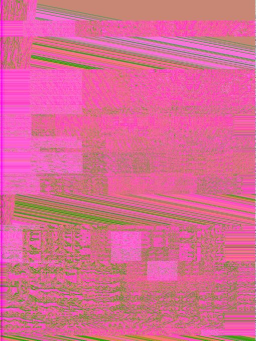A heavily distorted, glitch-art style image dominated by bright pink, purple, and green lines.