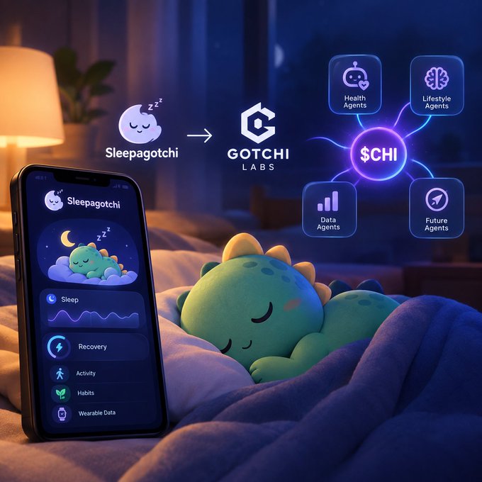 A promotional image showing a smartphone displaying the 'Sleepagotchi' app next to a green dinosaur plush toy sleeping on a bed, with logos for 'GOTCHI LABS' and '$CHI' alongside icons for Health, Lifestyle, Data, and Future Agents.
