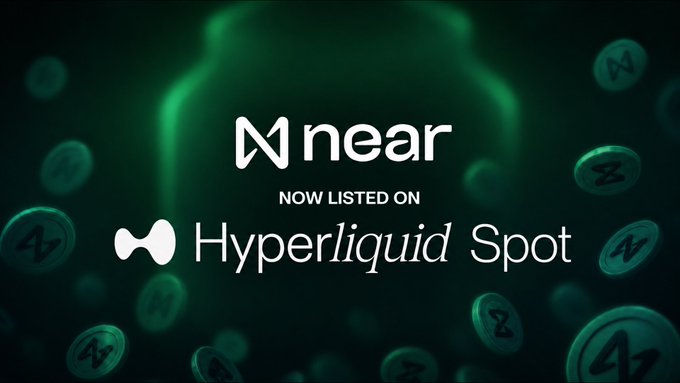 A promotional graphic featuring the NEAR logo and text "NOW LISTED ON Hyperliquid Spot" against a green background with floating NEAR coin graphics, announcing NEAR/USDC's listing on HyperliquidX Spot.