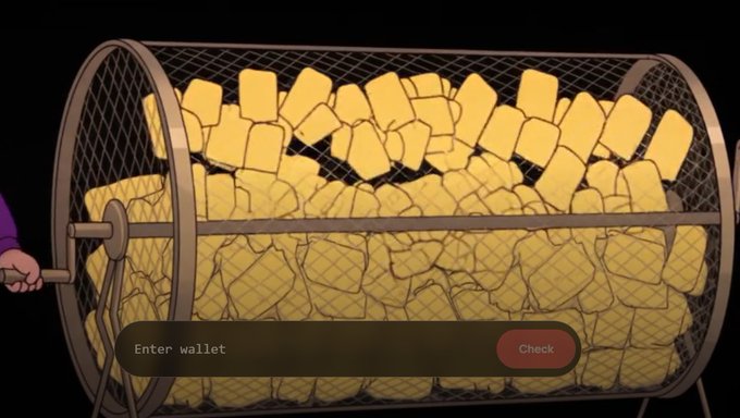 A hand turns a rotating cylindrical tumbler filled with gold bars, overlaid with a text field prompting "Enter wallet" and a red "Check" button—visualizing a lottery-style giveaway where the 16,000 whitelist applicants compete for only 500 guaranteed spots.