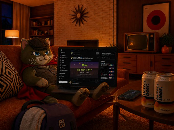 An anthropomorphic green cat wearing a hat and red cape relaxes on a couch in a retro-styled living room while scrolling through X (formerly Twitter) on a laptop, with cans of "Better Beer" on the coffee table.