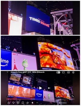 A collage showing large digital billboards in Times Square displaying ads for 'Artemis Foo: BNUT NYC 2024 Billboard,' 'Windsor,' and 'Prime,' taken from a web browser screenshot.