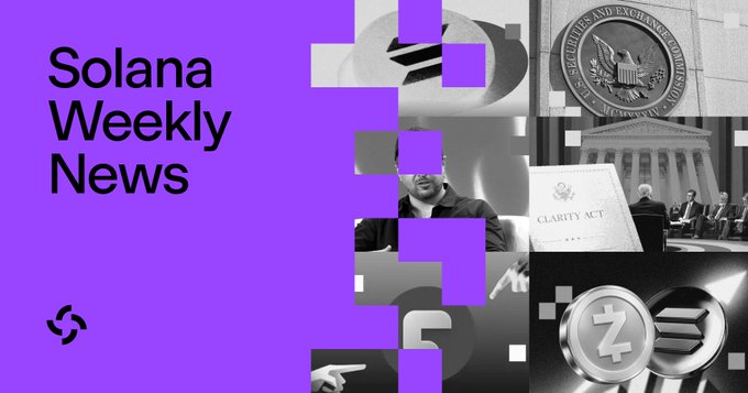 A purple "Solana Weekly News" graphic by Solace featuring a collage of images related to key headlines, including the SEC seal, the CLARITY Act, and the Zcash (ZEC) logo, visually summarizing the week's top stories on the Senate's rejection of CLARITY, the SEC's tokenization exemption, and Solana's dominance in ZEC trading volume.