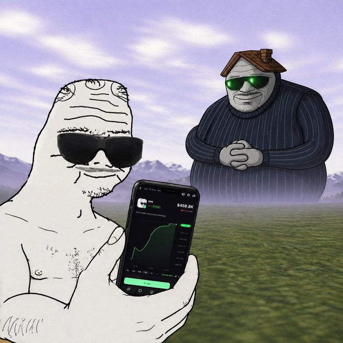 Meme featuring the Wojak and Gigachad characters, with Wojak holding a phone showing an upward trending chart at $458.8K.