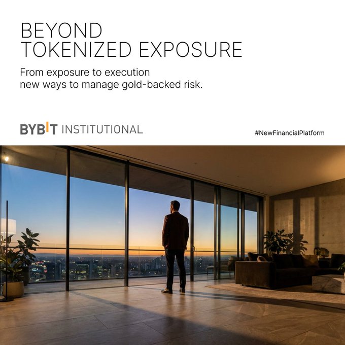 A man in a suit stands silhouetted in a modern high-rise penthouse, gazing out floor-to-ceiling windows at a sprawling cityscape at sunset. The text reads "BEYOND TOKENIZED EXPOSURE — From exposure to execution, new ways to manage gold-backed risk," branded by "BYBIT INSTITUTIONAL" with the hashtag "#NewFinancialPlatform," visually reinforcing the post's message about XAUT Options elevating tokenized gold into sophisticated liquidity, hedging, and risk management strategies.