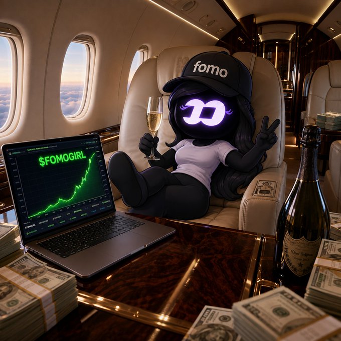 A 3D-rendered character wearing a 'fomo' cap sitting in a luxurious private jet, holding champagne, with a laptop showing a rising green chart for '$FOMOGIRL' and stacks of money nearby.