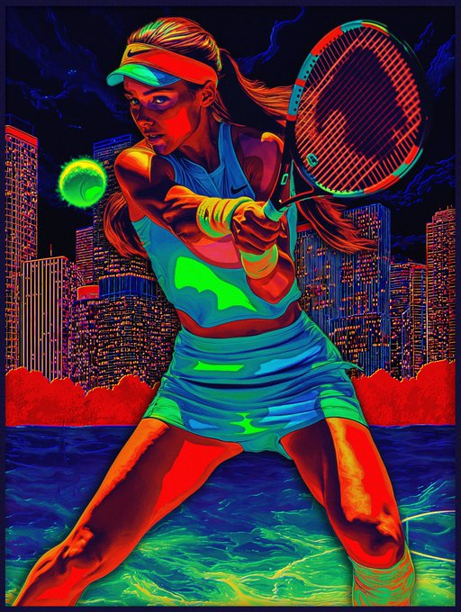 A neon-colored digital illustration depicts a female tennis player mid-swing with a glowing ball against a nighttime city skyline.