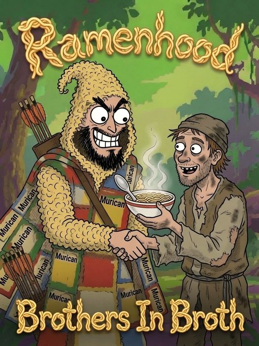 Cartoon poster titled "Ramenhood: Brothers In Broth" showing a wild-haired, bearded man in patchwork clothing covered with "Murican" patches shaking hands with a peasant offering a steaming bowl of ramen.