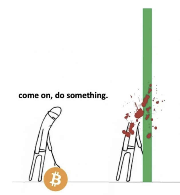 The image is a humorous meme relating to the recurring nature of Bitcoin price drops, symbolized by a figure looking shocked at the bloodshed, a personified representation of the market's reaction to Bitcoin's downturn. It suggests that the announcement of another Bitcoin (BTC) falling event is imminent, with the previous event being a significant loss or "bleeding", reinforcing the idea that such occurrences are annual and anticipated.