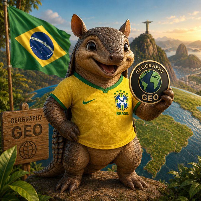 A cheerful armadillo mascot wearing a yellow "Brasil CBF" soccer jersey stands against a scenic Rio de Janeiro backdrop with Christ the Redeemer, holding a "GEOGRAPHY GEO" globe badge next to a Brazilian flag and a "GEOGRAPHY GEO" wooden sign, perfectly matching the post's announcement of $GEO's Brazilian armadillo mascot for the 2026 World Cup.