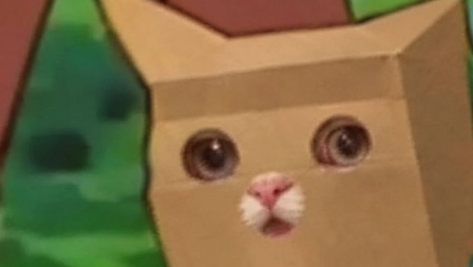 A humorous edited image of a cardboard box with real cat eyes and a pink nose photoshopped onto it, resembling a frightened animal meme.