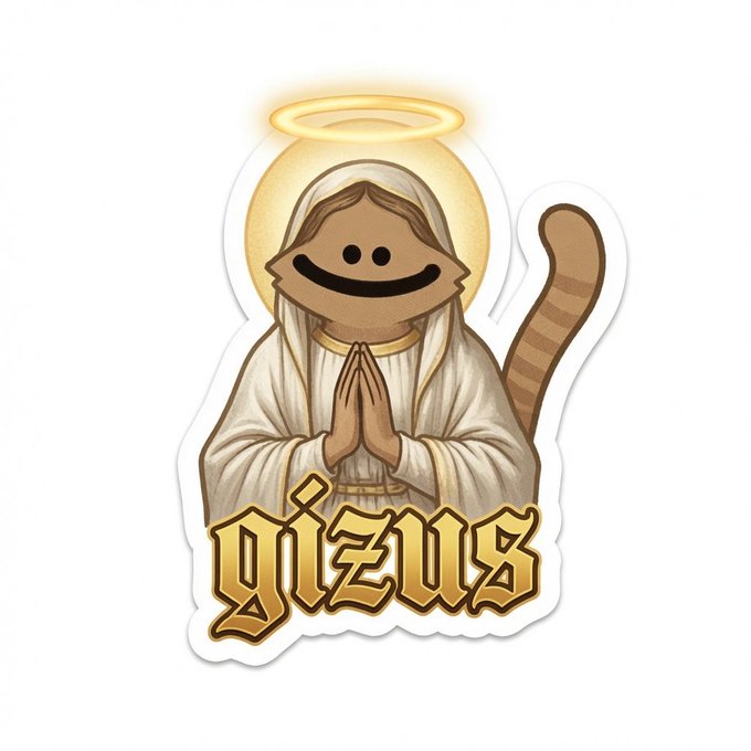 A sticker-style illustration featuring a smiling, cartoon-faced figure in a white robe with hands clasped in prayer, a golden halo, and a striped tail behind them, with the word "JIZUS" in golden gothic-style text below.
