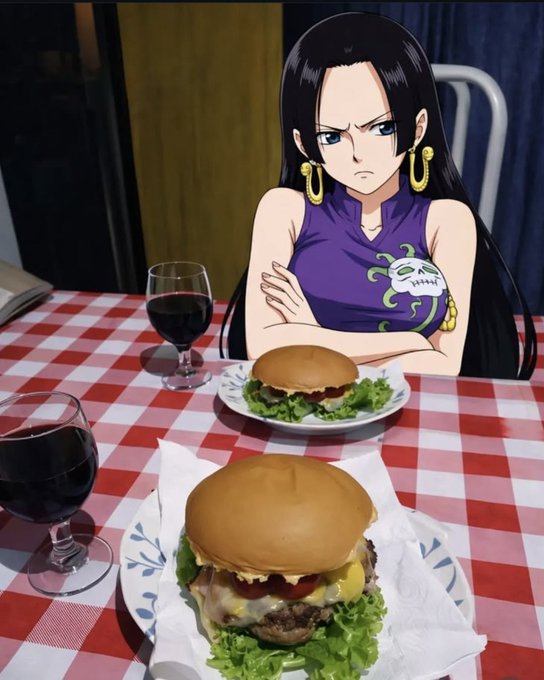 An anime character with long black hair, wearing a purple cheongsam and gold earrings, glares disapprovingly across a checkered tablecloth while sitting behind a cheeseburger and a glass of red wine. Her annoyed expression perfectly captures the post's humor—judging someone for discussing their anime hobby as if it were an unwanted meal.