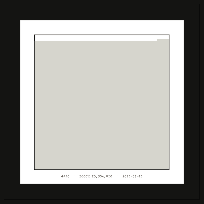 A minimalist graphic design with a beige square on a white background, displaying the text '4096 · BLOCK 25,954,820 · 2026-09-11'.