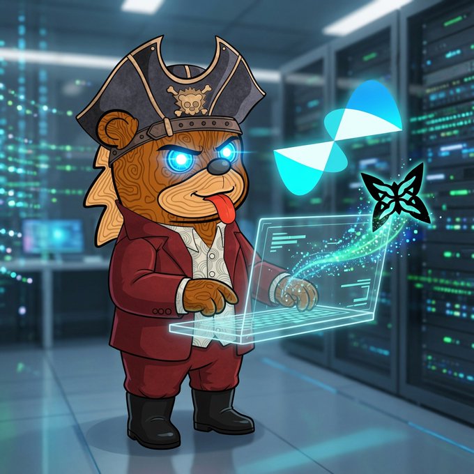 A digital illustration of a cartoonish wooden-textured pirate bear character wearing a red coat and pirate hat, using a glowing holographic laptop in a server room, with a butterfly logo and a radiation symbol floating nearby.
