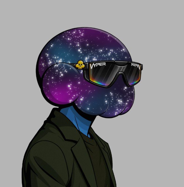 A digital illustration of a character with a galaxy-filled spherical head wearing 'VYPER' branded sunglasses and an olive green jacket against a gray background.